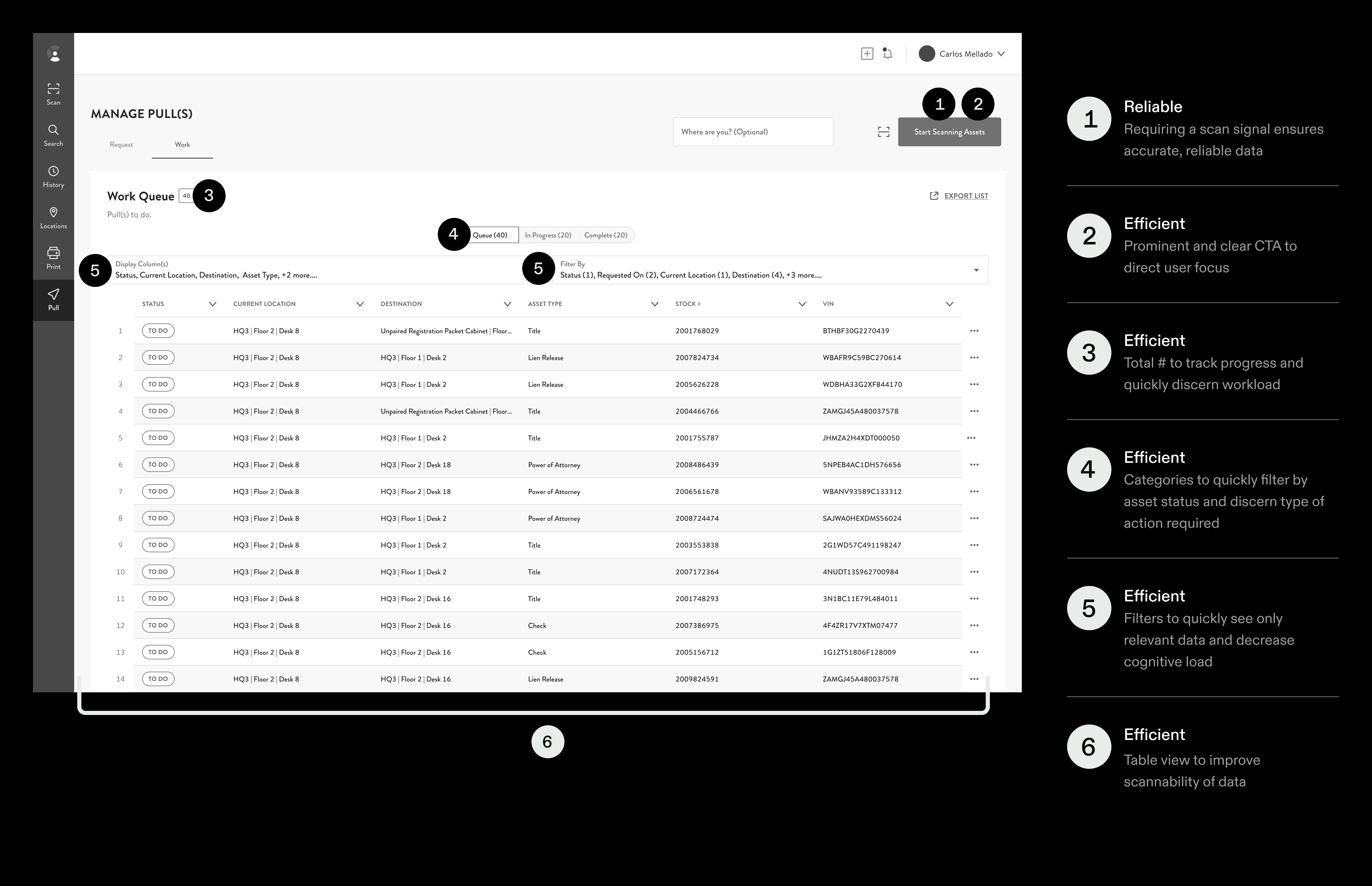 Manage and work screen, annotated key interactions